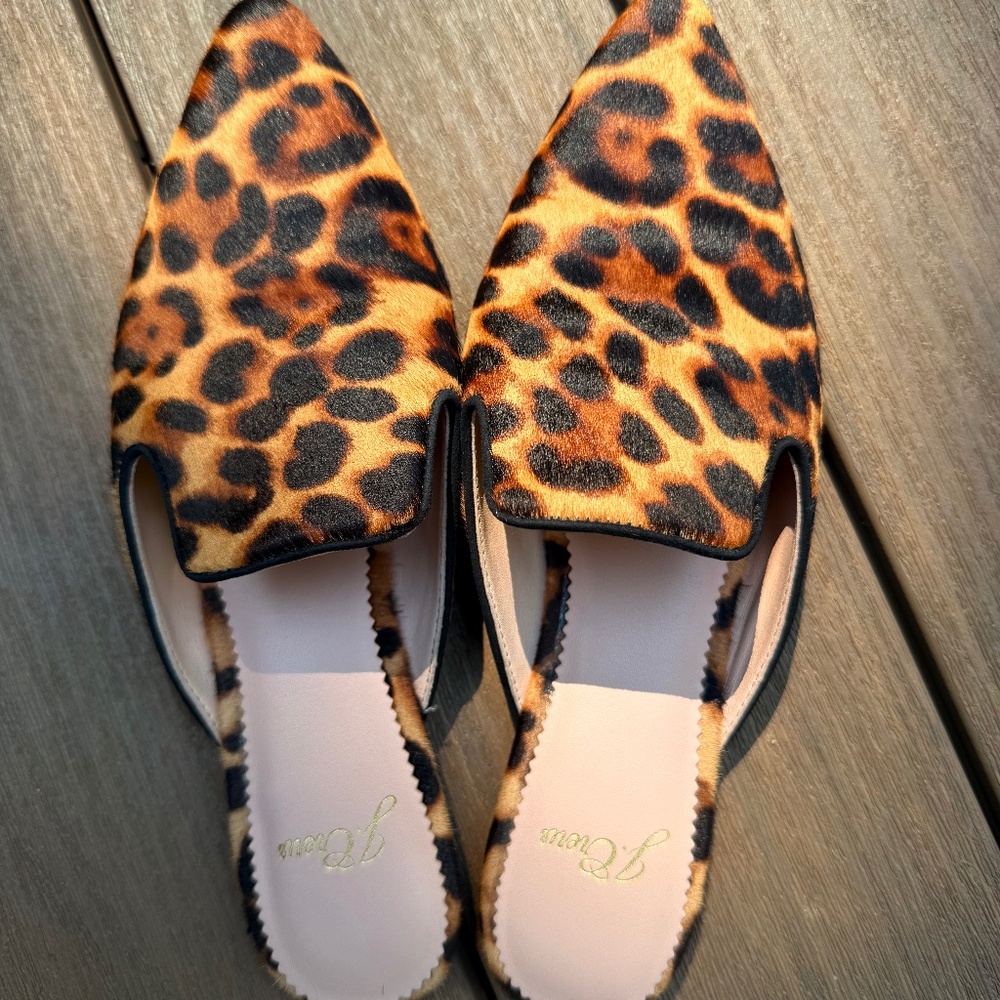 JCrew leopard calf hair mules